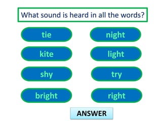 What sound is heard in all the words? 
ANSWER 
tie 
kite 
night 
shy 
light 
try 
bright right 
 