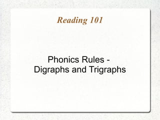 Reading 101



   Phonics Rules -
Digraphs and Trigraphs
 