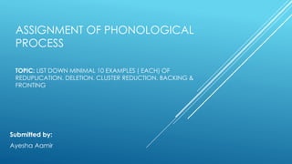 ASSIGNMENT OF PHONOLOGICAL
PROCESS
TOPIC: LIST DOWN MINIMAL 10 EXAMPLES ( EACH) OF
REDUPLICATION, DELETION, CLUSTER REDUCTION, BACKING &
FRONTING
Submitted by:
Ayesha Aamir
 