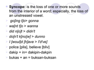 Syncope:  is the loss of one or more sounds from the interior of a word; especially, the loss of an unstressed vowel.  go[ing t]o >  gonna   wa[nt t]o  >  wanna   did n[o]t  >  didn't do[n't k]no[w]  >  dunno I [woul]d [h]ave  >  I'd've] police [plis], believe [bliv]  dakip + in= dakipin-dakpin bukas + an = buksan-buksan 
