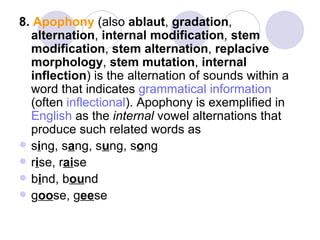 8.  Apophony  (also  ablaut ,  gradation ,  alternation ,  internal modification ,  stem modification ,  stem alternation ,  replacive morphology ,  stem mutation ,  internal inflection ) is the alternation of sounds within a word that indicates  grammatical information  (often  inflectional ). Apophony is exemplified in  English  as the  internal  vowel alternations that produce such related words as  s i ng, s a ng, s u ng, s o ng  r i se, r ai se  b i nd, b ou nd  g oo se, g ee se  