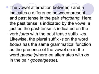 The vowel alternation between  i  and  a  indicates a difference between present and past tense in the pair  sing/sang . Here the past tense is indicated by the vowel  a  just as the past tense is indicated on the verb  jump  with the past tense suffix  -ed . Likewise, the plural suffix  -s  on the word  books  has the same grammatical function as the presence of the vowel  ee  in the word  geese  (where  ee  alternates with  oo  in the pair  goose/geese ).  