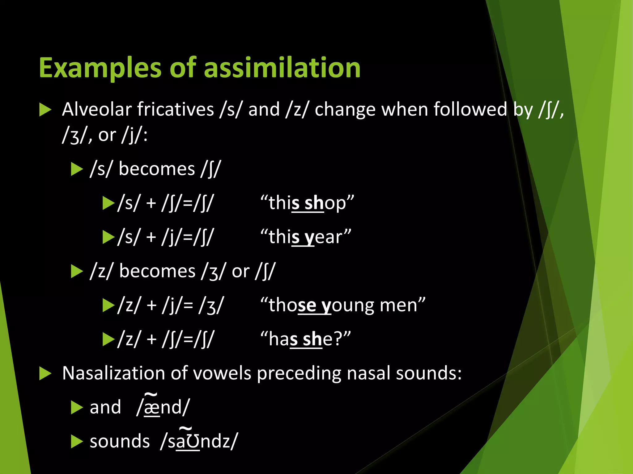 Examples of assimilation
 Alveolar fricatives /s/ and /z/ change when followed by /ʃ/,
/ʒ/, or /j/:
 /s/ becomes /ʃ/
/s/ + /ʃ/=/ʃ/ “this shop”
/s/ + /j/=/ʃ/ “this year”
 /z/ becomes /ʒ/ or /ʃ/
/z/ + /j/= /ʒ/ “those young men”
/z/ + /ʃ/=/ʃ/ “has she?”
 Nasalization of vowels preceding nasal sounds:
 and /ænd/
 sounds /saƱndz/
~
~
 