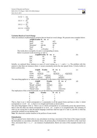 Journal of Education and Practice www.iiste.org
ISSN 2222-1735 (Paper) ISSN 2222-288X (Online)
Vol.4, No.11, 2013
62
(i) // → [n]
[]
(ii) /r/ → [r̃]
[r]
(iii) /j/ → [ȷ̃]
[j]
(iv) /w/ → [w ]
[w]
Variation Based on Vowel Change
There are instances of phonological variation that are based on vowel change. We present some examples below:
Arigidi Erushu O wo n　　　　 　　　　 (a)
‘Body’ ed e id 
‘Seed’ a e ati/asi
‘Mountain’ ede/ide idi
‘Steal’ de di
‘Run’ e (Erushu) i
The words above exemplify // and /e/ corresponding in stems.
Below we present words involving /u/ and /o/.
Arigidi/Erushu O wo n　　　　 　　　　 (b)
‘Kill’ kó kpú
‘Ear’ oto oto
‘Eat’ d o d u
‘Fly’ hò hù
Initially, we analysed these instances as cases of vowel raising e.g. e > ι and o > u. The problem with this
analysis is that there are instances where /ι/ occurs consistently across the nine speech forms. A look at table (c)
below confirms this:
Arigidi Erushu O wo n　　　　 　　　　 (c)
‘Hair i írí i írí itírí
‘Teeth’ éj i  éj i  ej i 
‘Grass’ è í I isi si i i i
‘Head’ egiri egiri igiri
The same thing applies to /u/ which occurs consistently in the stems of the following words:
Arigidi Erushu O wo n　　　　 　　　　 (d)
‘Eye ód ù ód ù íd ù
‘Mouth’ or u òr u odòru
‘Smoke’ újù úwù ówú
‘Thread’ orúru orúru orúru/òwú
The implication of this is that historically we see the following correspondences:
Arigidi Erushu O wo n　　　　 　　　　 (e)
ι ι ι
e e ι
u u u
o o u
That is, there is an /ι/ which corresponds to /ι/ consistently in all the speech forms and there is other /ι/ which
corresponds to /ι/ in O wo n, but to /e/ in Arigidi and Erushu as shown above.　 　
The same thing happens with /u/. There is an /u/ which corresponds to /u/ consistently across the speech forms.
there is also the other one which corresponds to /u/ in O wo n and to /o/ in Arigidi/Erushu. The summary of　 　
what we are saying here is that the parent language could have had two type of /ι/ and /u/, and this is what has
caused the variation we are dealing with.
Note: We observed a similar situation in the prefixes of some words.
Palatalisation
This is a general term which refers to any articulation involving a movement of the front of the tongue towards
the hard palate as a secondary articulation; hence, the primary place of articulation is elsewhere in the vocal tract.
Thus, movements like t > t , s > are instances of palatalisation. Below are some of the examples found in our
data.
 