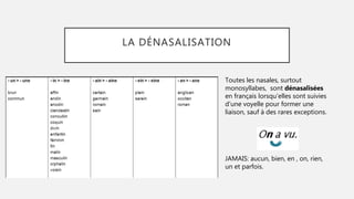 LA DÉNASALISATION
Toutes les nasales, surtout
monosyllabes, sont dénasalisées
en français lorsqu'elles sont suivies
d'une voyelle pour former une
liaison, sauf à des rares exceptions.
JAMAIS: aucun, bien, en , on, rien,
un et parfois.
 