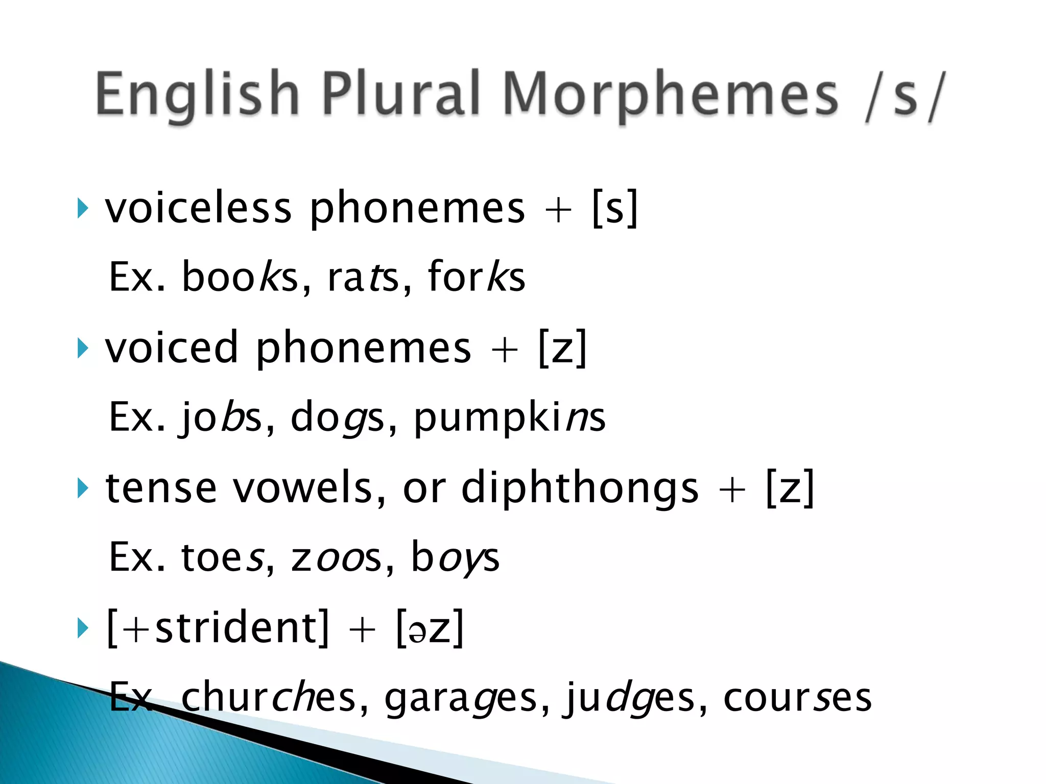 voiceless phonemes + [s] Ex. boo k s, ra t s, for k s voiced phonemes + [z]  Ex. jo b s, do g s, pumpki n s tense vowels, or diphthongs + [z]  Ex. toe s , z oo s, b oy s [+strident] +  [ ә z] Ex. chur ch es, gara g es, ju dg es, cour s es 