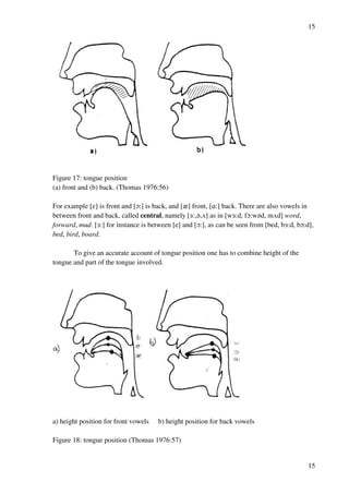 15
15
Figure 17: tongue position
(a) front and (b) back. (Thomas 1976:56)
For example [D] is front and [N:] is back, and [z] front, [@:] back. There are also vowels in
between front and back, called central, namely [2:,?,U] as in [w2:d, fN:w?d, mUd] word,
forward, mud. [2:] for instance is between [e] and [N:], as can be seen from [bed, b2:d, bN:d],
bed, bird, board.
To give an accurate account of tongue position one has to combine height of the
tongue and part of the tongue involved.
a) height position for front vowels b) height position for back vowels
Figure 18: tongue position (Thomas 1976:57)
 