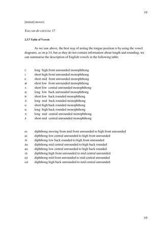 19
19
[m?T?] mower.
You can do exercise 17
2.3.7 Table of Vowels
As we saw above, the best way of noting the tongue position is by using the vowel
diagrams, as on p.14, but as they do not contain information about length and rounding, we
can summarise the description of English vowels in the following table:
i: long high front unrounded monophthong
H short high front unrounded monophthong
e short mid front unrounded monophthong
z short low front unrounded monophthong
U short low central unrounded monophthong
@: long low back unrounded monophthong
P short low back rounded monophthong
N: long mid back rounded monophthong
T short high back rounded monophthong
u: long high back rounded monophthong
2: long mid central unrounded monophthong
? short mid central unrounded monophthong
eH diphthong moving from mid front unrounded to high front unrounded
aH diphthong low central unrounded to high front unrounded
NH diphthong low back rounded to high front unrounded
?T diphthong mid central unrounded to high back rounded
aT diphthong low central unrounded to high back rounded
H? diphthong high front unrounded to mid central unrounded
e? diphthong mid front unrounded to mid central unrounded
T? diphthong high back unrounded to mid central unrounded
 