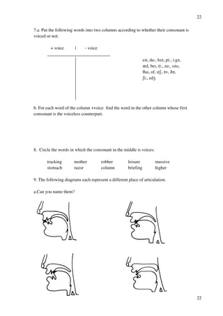22
22
7.a. Put the following words into two columns according to whether their consonant is
voiced or not:
+ voice | - voice
____________________________
eHt, du:, hH?, pi:, i:g?,
zd, beH, ti:, zu:, s?T,
SaH, of, HtR, ?v, C?,
Ri:, edY
b. For each word of the column +voice find the word in the other column whose first
consonant is the voiceless counterpart.
8. Circle the words in which the consonant in the middle is voices:
tracking mother robber leisure massive
stomach razor column briefing higher
9. The following diagrams each represent a different place of articulation.
a.Can you name them?
 