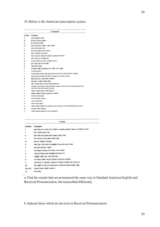 29
29
19. Below is the American transcription system.
a. Find the sounds that are pronounced the same way in Standard American English and
Received Pronounciation, but transcribed differently.
b. Indicate those which do not exist in Received Pronounciation.
 