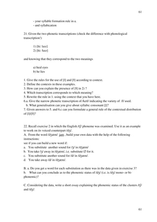 61
61
- your syllable formation rule in a.
- and syllabication
21. Given the two phonetic transcriptions (check the difference with phonological
transcription!)
1) [hi: laHz]
2) [hi: 4aHz]
and knowing that they correspond to the two meanings
a) heal eyes
b) he lies
1. Give the rules for the use of [l] and [4] according to context.
2. Define the contexts in these examples.
3. How can you explain the presence of [4] in 2) ?
4. Which transcription corresponds to which meaning?
5. Rewrite the rule in 1. using the context that you have here.
6.a. Give the narrow phonetic transcription of /ketl/ indicating the variety of /l/ used.
b. What generalisation can you give about syllabic consonant [lﬂ]?
7. Given answers to 5. and 6.c can you formulate a general rule of the contextual distribution
of [l]/[4]?
22. Recall exercise 2 in which the English /tR/ phoneme was examined. Use it as an example
to work on its voiced counterpart /dY/.
A. From the word /dYzm/ jam , build your own data with the help of the following
instructions:
see if you can build a new word if:
a. You substitute another sound for /Y/ in /dYzm/
b. You take /Y/ away in /dYzm/, i.e. substitute ∅ for it.
c. You substitute another sound for /d/ in /dYzm/.
d. You take away /d/ in /dYzm/.
B. a. Do you get a word for each substitution as there was in the data given in exercise 3?
b. What can you conclude as to the phonemic status of /dY/ (i.e. is /dY/ mono- or bi-
phonemic)?
C. Considering the data, write a short essay explaining the phonemic status of the clusters /tR/
and /dY/:
 