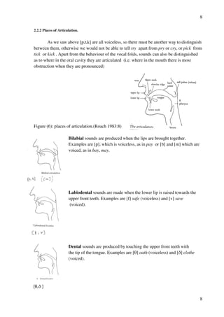 8
8
2.2.2 Places of Articulation.
As we saw above [p,t,k] are all voiceless, so there must be another way to distinguish
between them, otherwise we would not be able to tell try apart from pry or cry, or pick from
tick or kick . Apart from the behaviour of the vocal folds, sounds can also be distinguished
as to where in the oral cavity they are articulated (i.e. where in the mouth there is most
obstruction when they are pronounced)
Figure (6): places of articulation.(Roach 1983:8)
Bilabial sounds are produced when the lips are brought together.
Examples are [p], which is voiceless, as in pay or [b] and [m] which are
voiced, as in bay, may.
Labiodental sounds are made when the lower lip is raised towards the
upper front teeth. Examples are [f] safe (voiceless) and [v] save
(voiced).
Dental sounds are produced by touching the upper front teeth with
the tip of the tongue. Examples are [S] oath (voiceless) and [C] clothe
(voiced).
[S,C ]
 