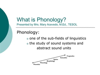 What is Phonology?
Presented by Mrs. Mary Acevedo, M.Ed., TESOL

Phonology:
o

o

one of the sub-fields of linguistics
the study of sound systems and
abstract sound units

 