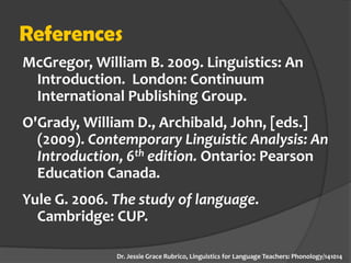 References 
McGregor, William B. 2009. Linguistics: An Introduction. London: Continuum International Publishing Group. 
O'Grady, William D., Archibald, John, [eds.] (2009). Contemporary Linguistic Analysis: An Introduction, 6th edition. Ontario: Pearson Education Canada. 
Yule G. 2006. The study of language. Cambridge: CUP. 
Dr. Jessie Grace Rubrico, Linguistics for Language Teachers: Phonology/141014 