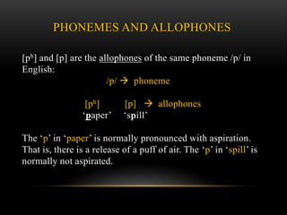 PHONEMES AND ALLOPHONES 
[ph] and [p] are the allophones of the same phoneme /p/ in 
English: 
/p/  phoneme 
[ph] [p]  allophones 
‘paper’ ‘spill’ 
The ‘p’ in ‘paper’ is normally pronounced with aspiration. 
That is, there is a release of a puff of air. The ‘p’ in ‘spill’ is 
normally not aspirated. 
 