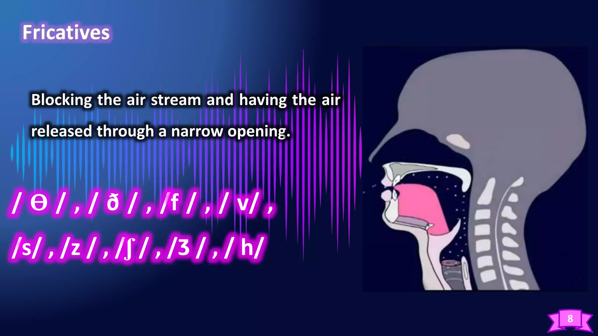 8
Blocking the air stream and having the air
released through a narrow opening.
/ Ѳ / , / ð / , /f / , / v/ ,
/s/ , /z / , /ʃ / , /Ȝ / , / h/
 
