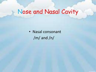Nose and Nasal Cavity


   • Nasal consonant
     /m/ and /n/
 