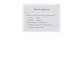 Vowel reduction
❖ English: unstressed vowels are often pronounced as schwa [ə]
★ Canada [kǽnədə]
★ Canadian [kənéjdiən]
❖ Stressed vs. unstressed the: [i] reduces to [ə]
★ the Queen of England (the one and only) [ðij kwijn]
★ the Queen of England [ðə kwijn]
3
 