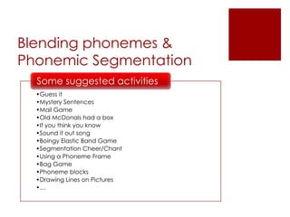 •Guess it
•Mystery Sentences
•Mail Game
•Old McDonals had a box
•If you think you know
•Sound it out song
•Boingy Elastic Band Game
•Segmentation Cheer/Chant
•Using a Phoneme Frame
•Bag Game
•Phoneme blocks
•Drawing Lines on Pictures
•…
Some suggested activities
Blending phonemes &
Phonemic Segmentation
 