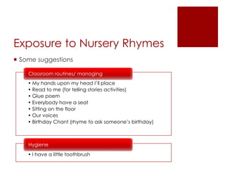 Exposure to Nursery Rhymes
 Some suggestions
• My hands upon my head I’ll place
• Read to me (for telling stories activities)
• Glue poem
• Everybody have a seat
• Sitting on the floor
• Our voices
• Birthday Chant (rhyme to ask someone’s birthday)
Classroom routines/ managing
• I have a little toothbrush
Hygiene
 