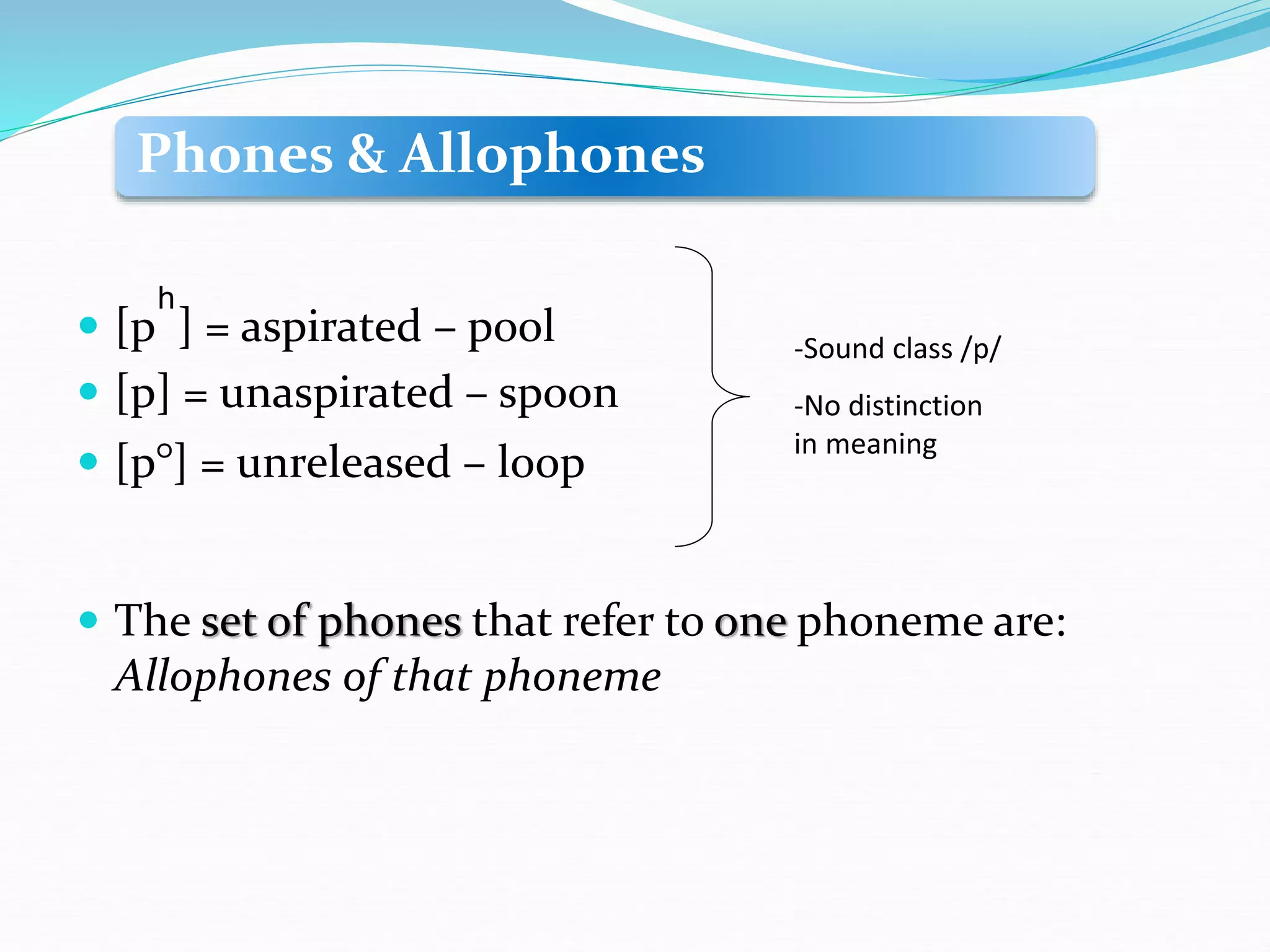 Phones & Allophones
 [p ] = aspirated – pool
 [p] = unaspirated – spoon
 [p°] = unreleased – loop
 The set of phones that refer to one phoneme are:
Allophones of that phoneme
-Sound class /p/
-No distinction
in meaning
h
 