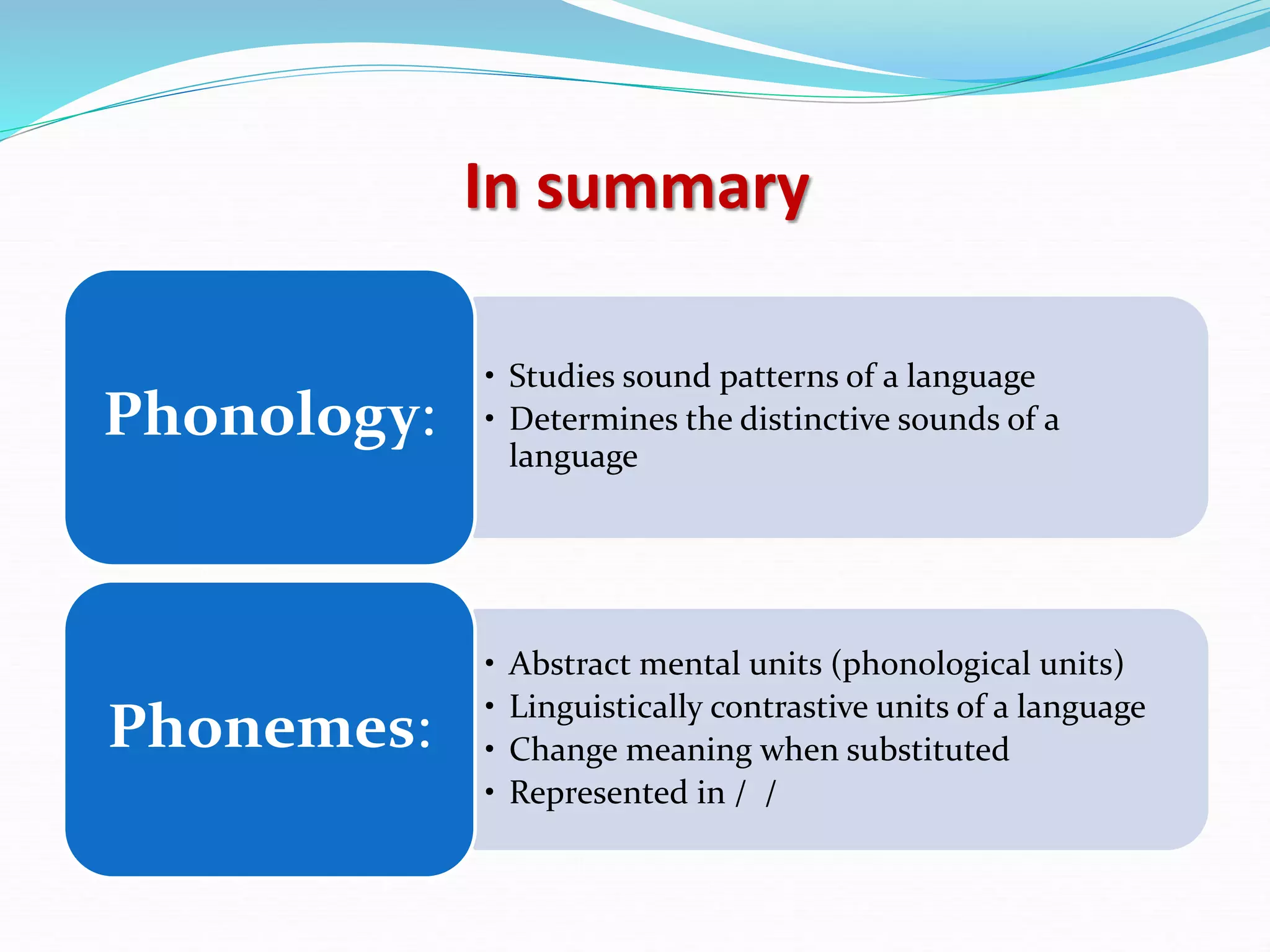 In summary
• Studies sound patterns of a language
• Determines the distinctive sounds of a
language
Phonology:
• Abstract mental units (phonological units)
• Linguistically contrastive units of a language
• Change meaning when substituted
• Represented in / /
Phonemes:
 