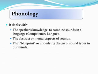  It deals with:
 The speaker’s knowledge to combine sounds in a
language (Competence/ Langue).
 The abstract or mental aspects of sounds.
 The “blueprint” or underlying design of sound types in
our minds.
Phonology
 