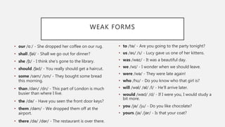 WEAK FORMS
• our /ɑː/ - She dropped her coffee on our rug.
• shall /ʃəl/ - Shall we go out for dinner?
• she /ʃɪ/ - I think she’s gone to the library.
• should /ʃəd/ - You really should get a haircut.
• some /səm/ /sm/ - They bought some bread
this morning.
• than /dən/ /dn/ - This part of London is much
busier than where I live.
• the /də/ - Have you seen the front door keys?
• them /dəm/ - We dropped them off at the
airport.
• there /də/ /dər/ - The restaurant is over there.
• to /tə/ - Are you going to the party tonight?
• us /əs/ /s/ - Lucy gave us one of her kittens.
• was /wəz/ - It was a beautiful day.
• we /wɪ/ - I wonder when we should leave.
• were /wə/ - They were late again!
• who /hʊ/ - Do you know who that girl is?
• will /wəl/ /əl/ /l/ - He’ll arrive later.
• would /wəd/ /d/ - If I were you, I would study a
bit more.
• you /jə/ /ju/ - Do you like chocolate?
• yours /jə/ /jər/ - Is that your coat?
 