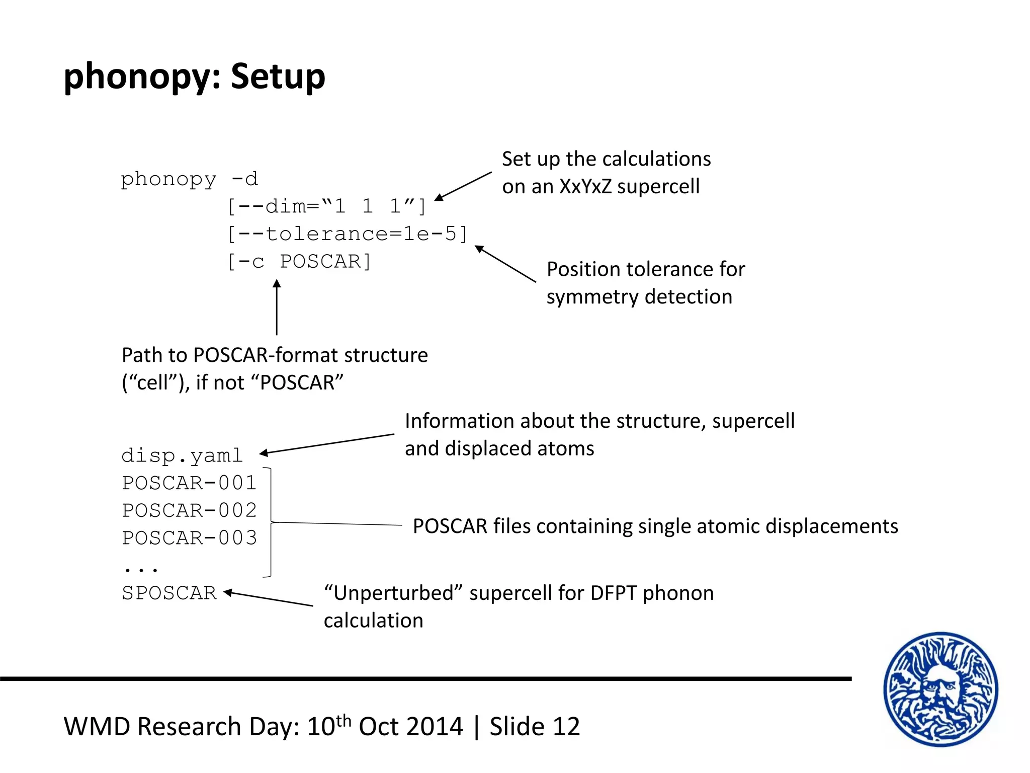 phonopy: Setup
WMD Research Day: 10th Oct 2014 | Slide 12
phonopy -d
[--dim=“1 1 1”]
[--tolerance=1e-5]
[-c POSCAR]
Set up the calculations
on an XxYxZ supercell
Position tolerance for
symmetry detection
Path to POSCAR-format structure
(“cell”), if not “POSCAR”
disp.yaml
POSCAR-001
POSCAR-002
POSCAR-003
...
SPOSCAR
POSCAR files containing single atomic displacements
“Unperturbed” supercell for DFPT phonon
calculation
Information about the structure, supercell
and displaced atoms
 