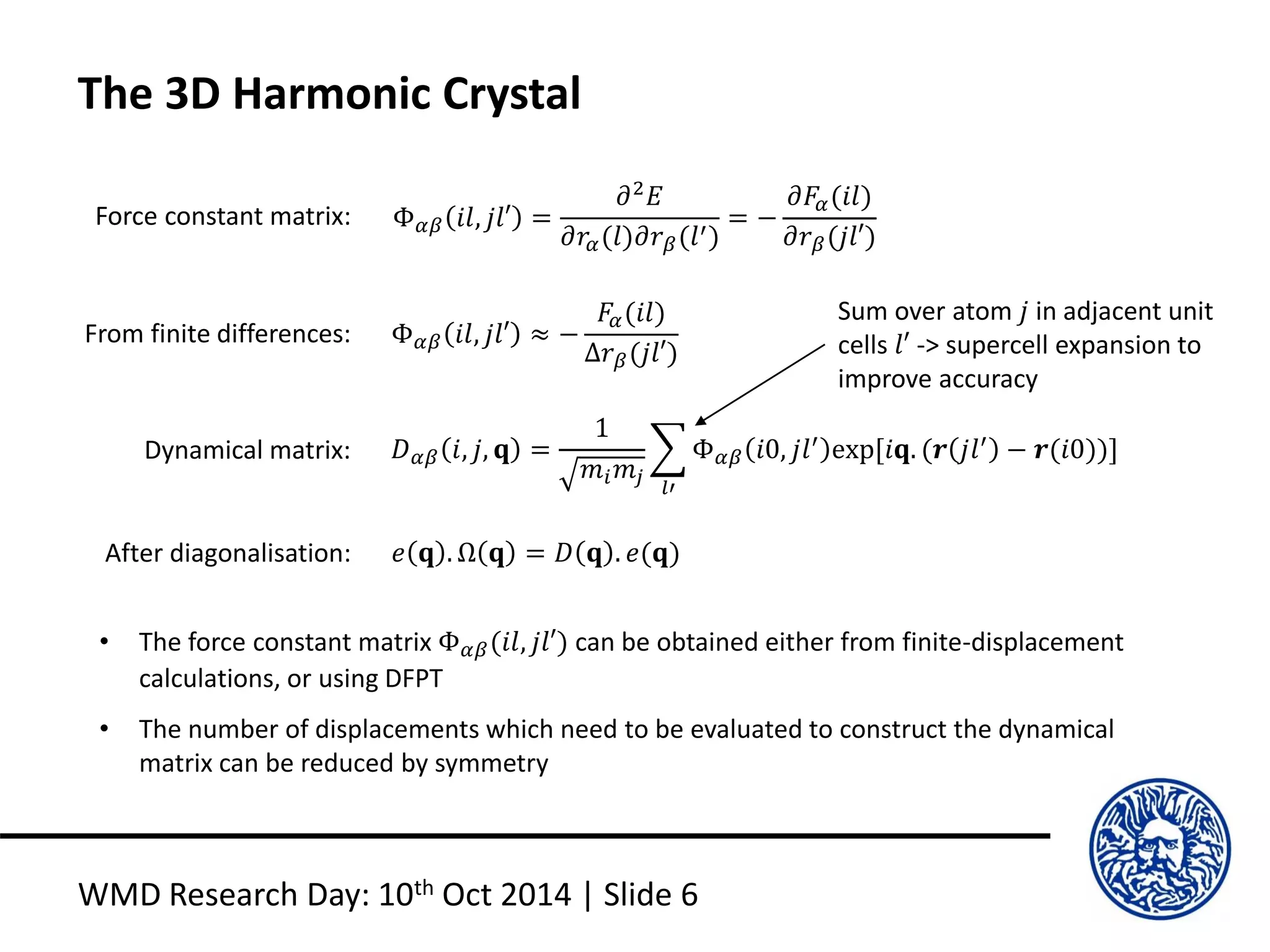 The 3D Harmonic Crystal
WMD Research Day: 10th Oct 2014 | Slide 6
Φ 𝛼𝛽 𝑖𝑙, 𝑗𝑙′ =
𝜕2
𝐸
𝜕𝑟𝛼(𝑙)𝜕𝑟 𝛽(𝑙′)
= −
𝜕𝐹𝛼(𝑖𝑙)
𝜕𝑟 𝛽(𝑗𝑙′)
Φ 𝛼𝛽 𝑖𝑙, 𝑗𝑙′ ≈ −
𝐹𝛼(𝑖𝑙)
∆𝑟 𝛽(𝑗𝑙′)
𝐷 𝛼𝛽 𝑖, 𝑗, 𝐪 =
1
𝑚𝑖 𝑚𝑗
𝑙′
Φ 𝛼𝛽 𝑖0, 𝑗𝑙′
exp[𝑖𝐪. (𝒓 𝑗𝑙′
− 𝒓(𝑖0))]
• The force constant matrix Φ 𝛼𝛽(𝑖𝑙, 𝑗𝑙′) can be obtained either from finite-displacement
calculations, or using DFPT
• The number of displacements which need to be evaluated to construct the dynamical
matrix can be reduced by symmetry
Force constant matrix:
From finite differences:
Dynamical matrix:
Sum over atom 𝑗 in adjacent unit
cells 𝑙′ -> supercell expansion to
improve accuracy
𝑒 𝐪 . Ω 𝐪 = 𝐷 𝐪 . 𝑒(𝐪)After diagonalisation:
 