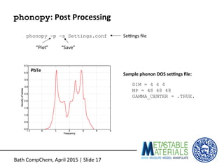 phonopy:	
  Post	
  Processing	
  
phonopy -p -s Settings.conf
“Plot”	
   “Save”	
  
SeNngs	
  ﬁle	
  
DIM = 4 4 4
MP = 48...