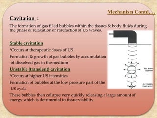 Cavitation :
The formation of gas filled bubbles within the tissues & body fluids during
the phase of relaxation or rarefaction of US waves.
Stable cavitation
*Occurs at therapeutic doses of US
Formation & growth of gas bubbles by accumulation
of dissolved gas in the medium
Unstable (transient) cavitation
*Occurs at higher US intensities
Formation of bubbles at the low pressure part of the
US cycle
These bubbles then collapse very quickly releasing a large amount of
energy which is detrimental to tissue viability
Mechanism Contd,…
 