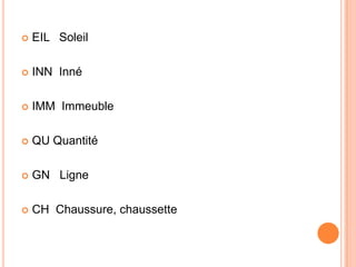  EIL Soleil
 INN Inné
 IMM Immeuble
 QU Quantité
 GN Ligne
 CH Chaussure, chaussette
 