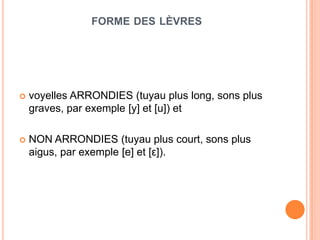 FORME DES LÈVRES
 voyelles ARRONDIES (tuyau plus long, sons plus
graves, par exemple [y] et [u]) et
 NON ARRONDIES (tuyau plus court, sons plus
aigus, par exemple [e] et [ε]).
 