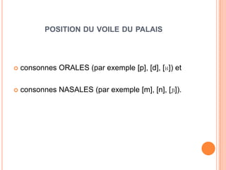 POSITION DU VOILE DU PALAIS
 consonnes ORALES (par exemple [p], [d], [ʁ]) et
 consonnes NASALES (par exemple [m], [n], [ɲ]).
 