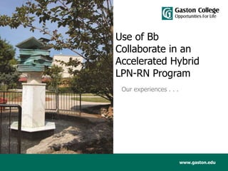 www.gaston.edu
Use of Bb
Collaborate in an
Accelerated Hybrid
LPN-RN Program
Our experiences . . .
 
