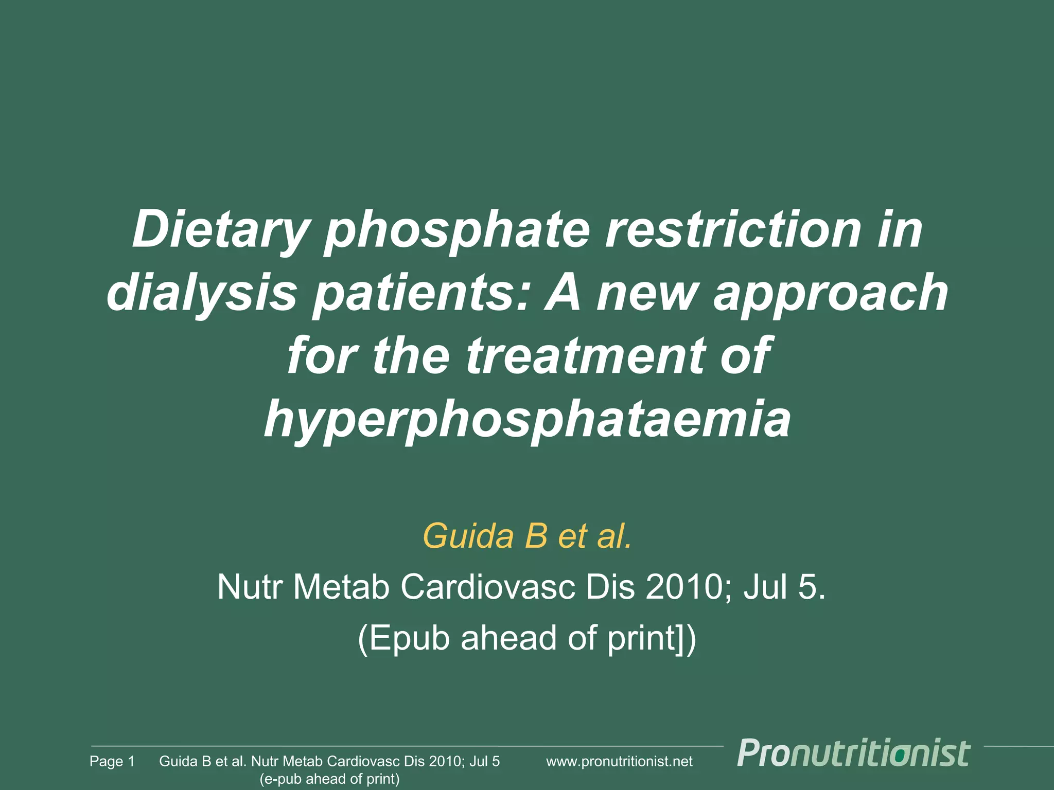 Phospate restiction in renal failure (by low phosphate whey protein powder) PPT