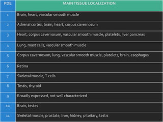 MAINTISSUE LOCALIZATIONPDE
Brain, heart, vascular smooth muscle1
Adrenal cortex, brain, heart, corpus cavernosum2
Heart, corpus cavernosum, vascular smooth muscle, platelets, liver pancreas3
Lung, mast cells, vascular smooth muscle4
Corpus cavernosum, lung, vascular smooth muscle, platelets, brain, esophagus5
Retina6
Skeletal muscle,T cells7
Testis, thyroid8
Broadly expressed, not well characterized9
Brain, testes10
Skeletal muscle, prostate, liver, kidney, pituitary, testis11
 