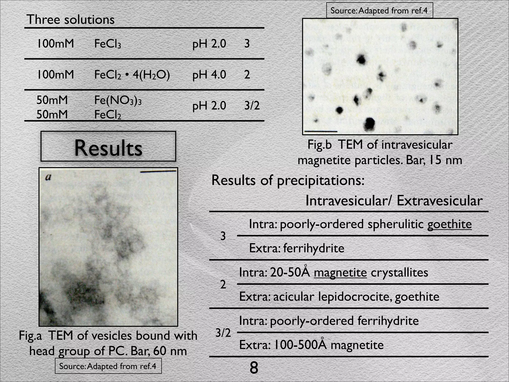 Source: Adapted from ref.4
 Three solutions
   100mM        FeCl3               pH 2.0    3

   100mM        FeCl2 • 4(H2O)      pH 4.0    2

   50mM         Fe(NO3)3            pH 2.0    3/2
   50mM         FeCl2

          Results                                         Fig.b TEM of intravesicular
                                                         magnetite particles. Bar, 15 nm
                                       Results of precipitations:
                                                      Intravesicular/ Extravesicular
                                               Intra: poorly-ordered spherulitic goethite
                                        3
                                               Extra: ferrihydrite
                                              Intra: 20-50Å magnetite crystallites
                                        2
                                              Extra: acicular lepidocrocite, goethite
                                              Intra: poorly-ordered ferrihydrite
Fig.a TEM of vesicles bound with        3/2
  head group of PC. Bar, 60 nm                Extra: 100-500Å magnetite
       Source: Adapted from ref.4               8
 