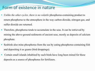 Form of existence in nature
 Unlike the other cycles, there is no volatile phosphorus-containing product to

return phosphorus to the atmosphere in the way carbon dioxide, nitrogen gas, and

sulfur dioxide are returned.
 Therefore, phosphorus tends to accumulate in the seas. It can be retrieved by

mining the above-ground sediments of ancient seas, mostly as deposits of calcium
phosphate.
 Seabirds also mine phosphorus from the sea by eating phosphorus-containing fish

and depositing it as guano (bird droppings).
 Certain small islands inhabited by such birds have long been mined for these

deposits as a source of phosphorus for fertilizers.

 