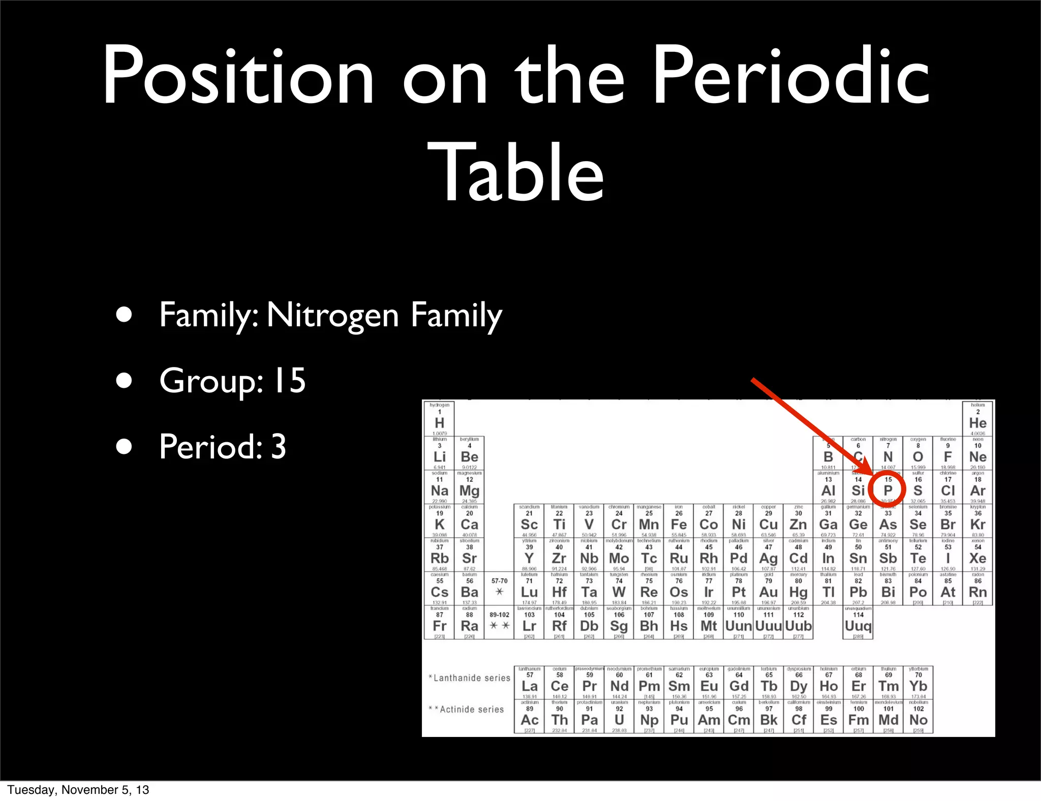 Position on the Periodic
Table
•
•
•

Tuesday, November 5, 13

Family: Nitrogen Family
Group: 15
Period: 3

 