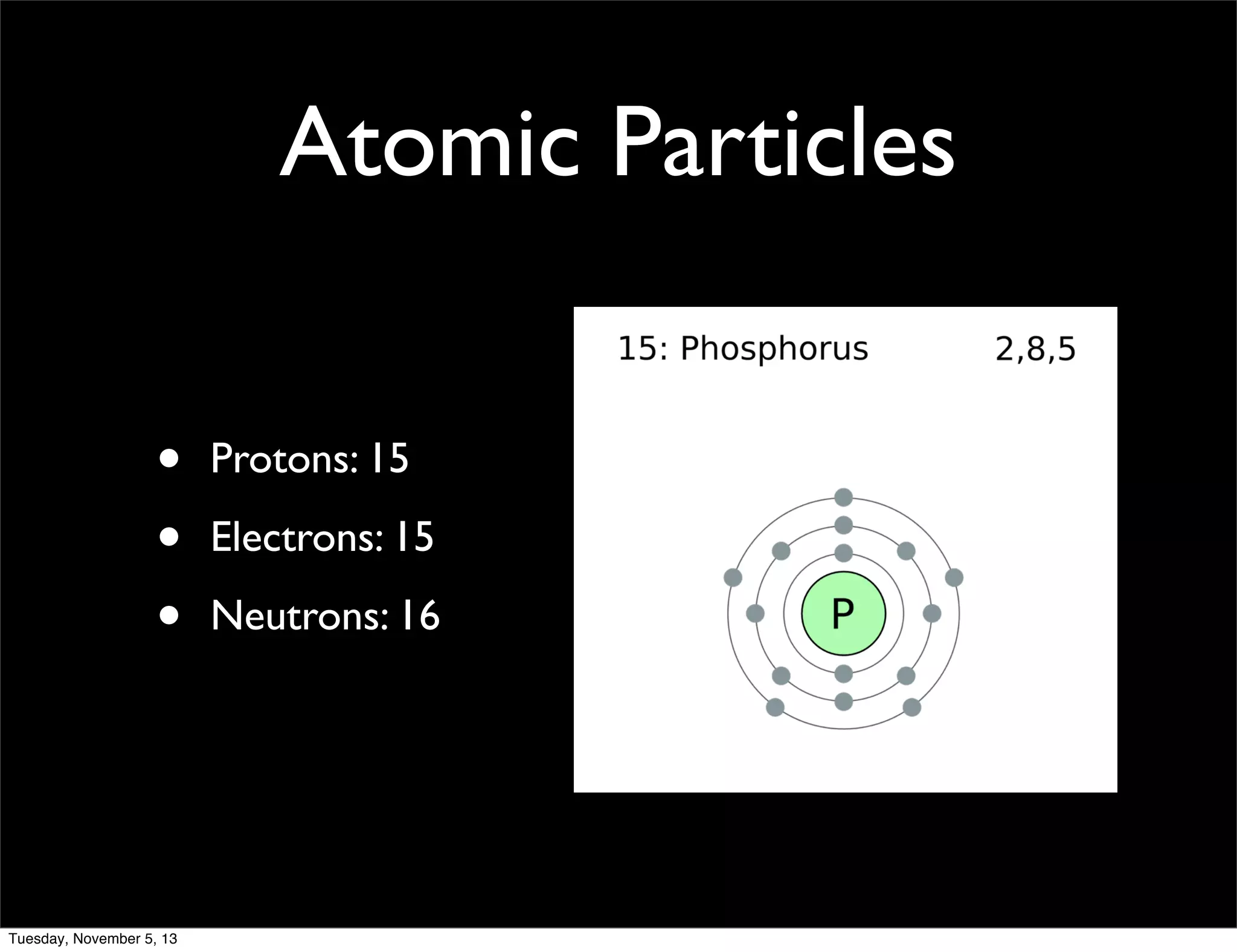 Atomic Particles
•
•
•

Tuesday, November 5, 13

Protons: 15
Electrons: 15
Neutrons: 16

 