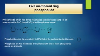 Phospholide anion has three resonance structures (Li salt) - In all
structures the C=C (also P=C) bond lengths are equal
Phospholide anion its aromaticity is 63% that of the cyclopenta dienide anoin
P
C
P P P
-
-
Phospholes are five membered 6 π systems with one or more phosphorus
atoms are aromatic.
Five membered ring
phospholide
 