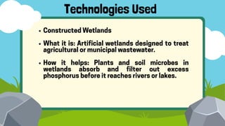 ConstructedWetlands
What it is: Artificial wetlands designed to treat
agriculturalormunicipalwastewater.
How it helps: Plants and soil microbes in
wetlands absorb and filter out excess
phosphorusbeforeitreachesriversorlakes.
Technologies Used
 