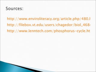 http://www.enviroliteracy.org/article.php/480.html http://filebox.vt.edu/users/chagedor/biol_4684/Cycles/Pcycle.html http://www.lenntech.com/phosphorus-cycle.htm 