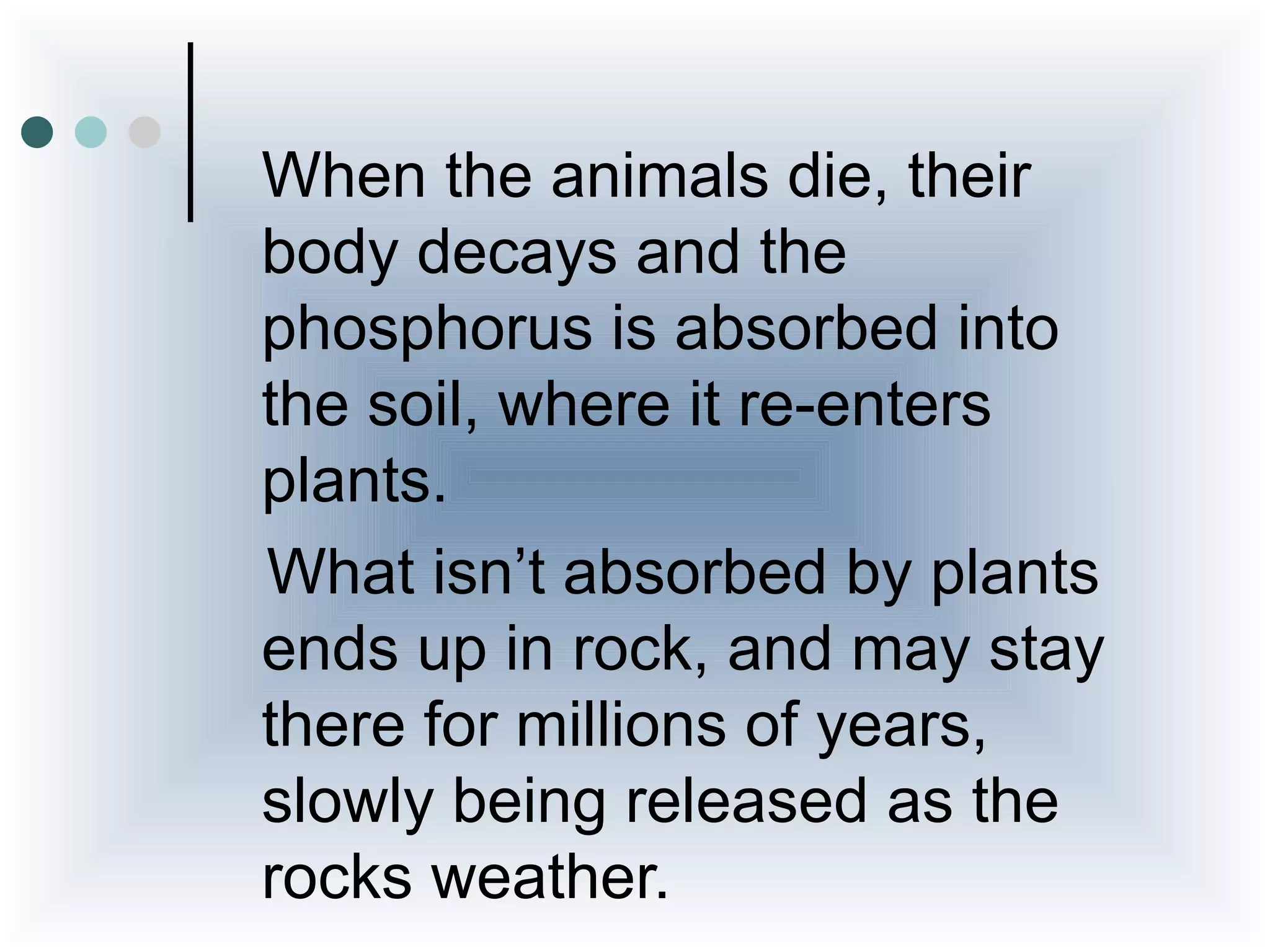 When the animals die, their
body decays and the
phosphorus is absorbed into
the soil, where it re-enters
plants.
What isn’t absorbed by plants
ends up in rock, and may stay
there for millions of years,
slowly being released as the
rocks weather.
 