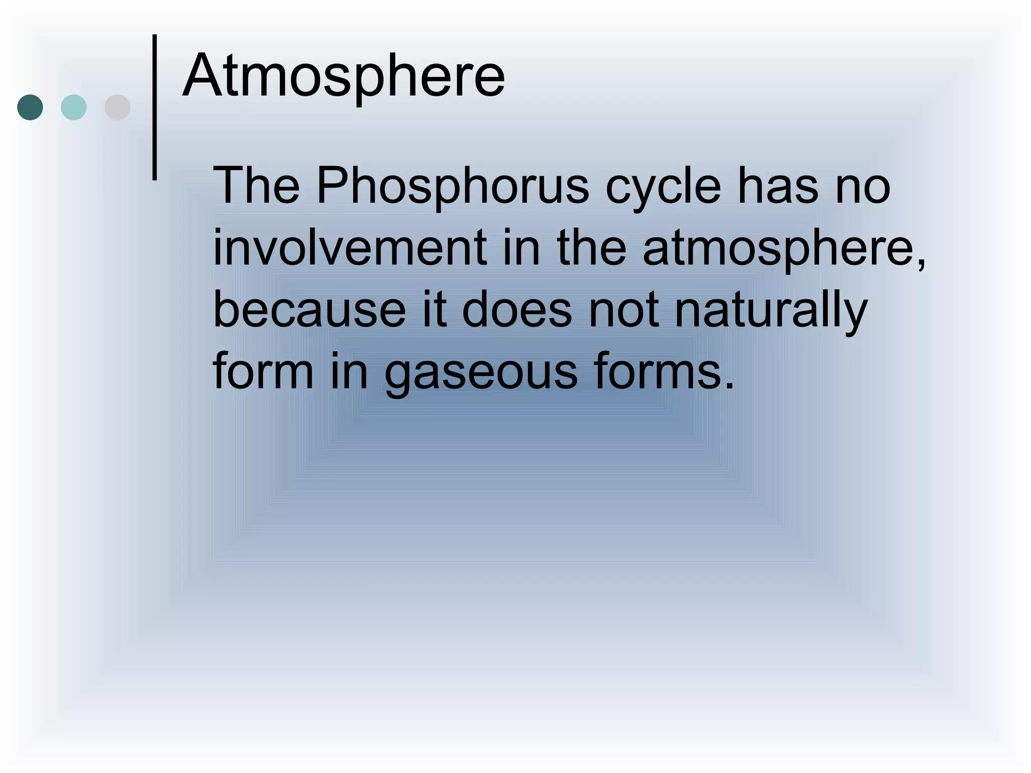 Atmosphere
The Phosphorus cycle has no
involvement in the atmosphere,
because it does not naturally
form in gaseous forms.
 