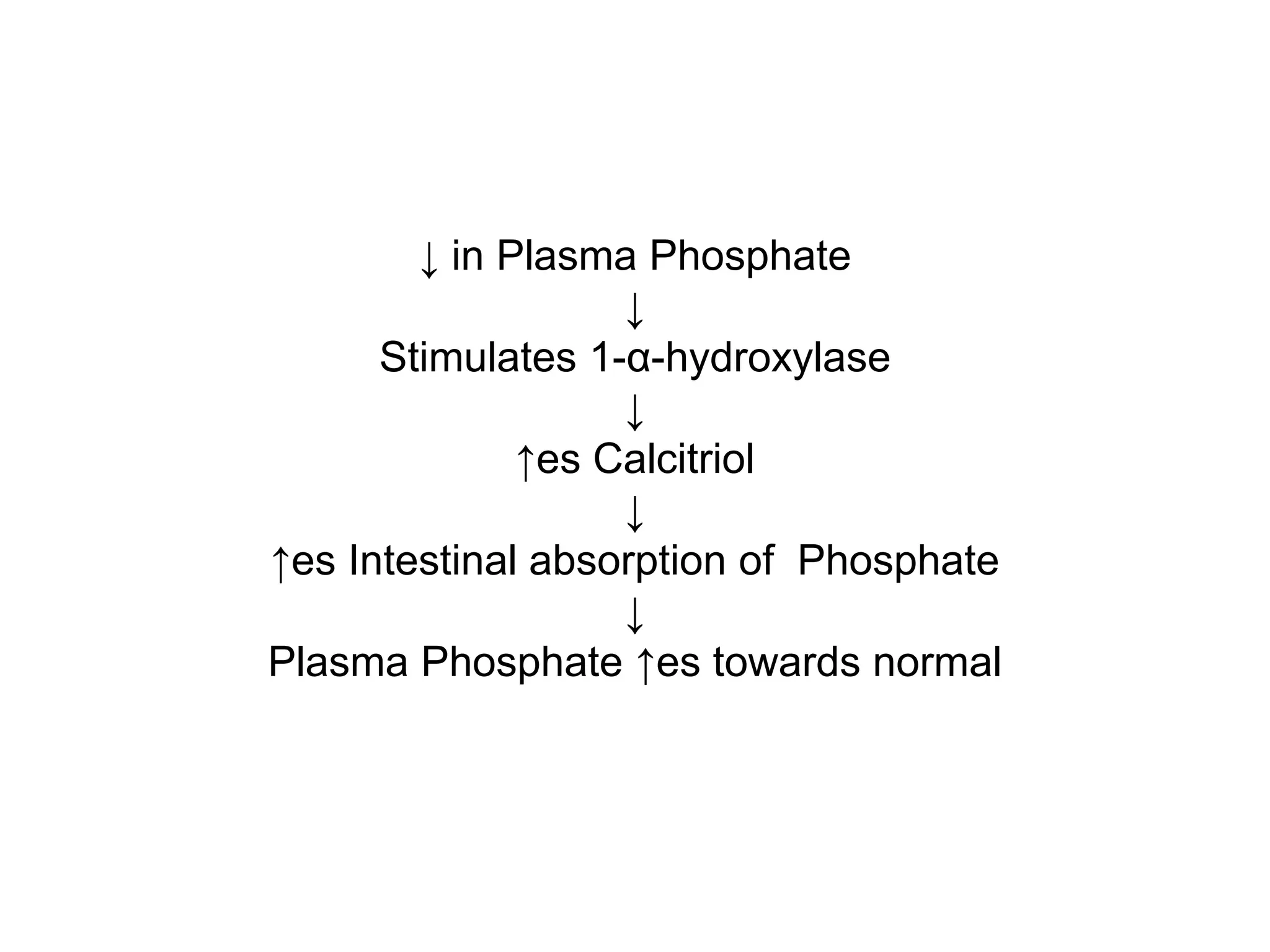 ↓ in Plasma Phosphate
↓
Stimulates 1-α-hydroxylase
↓
↑es Calcitriol
↓
↑es Intestinal absorption of Phosphate
↓
Plasma Phosphate ↑es towards normal
 
