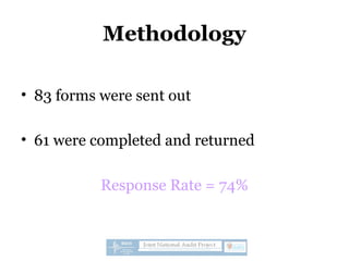 Methodology
• 83 forms were sent out
• 61 were completed and returned
Response Rate = 74%
 