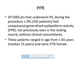 PPR
• Of 5383 pts that underwent PS, during the
procedure 1.9% (102 patients) had
unequivocal generalised epileptiform activity
(PPR), not previously seen in the resting
record, without clinical concomitants.
• These patients ranged in age from 1-65 years
(median 15 years) and were 57% female.
 